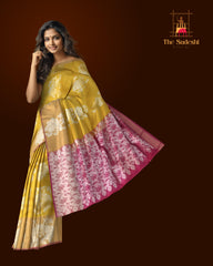 Mustard Yellow Borderless Red Pallu Large Silver Butta Kanchipuram Silk Saree