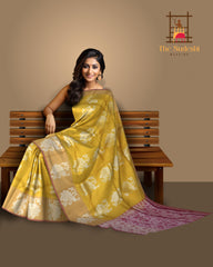 Mustard Yellow Borderless Red Pallu Large Silver Butta Kanchipuram Silk Saree