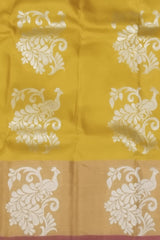 Mustard Yellow Borderless Red Pallu Large Silver Butta Kanchipuram Silk Saree