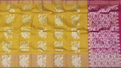 Mustard Yellow Borderless Red Pallu Large Silver Butta Kanchipuram Silk Saree