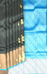 Black & Blue Gold and Silver Zari Butta Kanchipuram Silk Saree