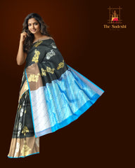 Black & Blue Gold and Silver Zari Butta Kanchipuram Silk Saree