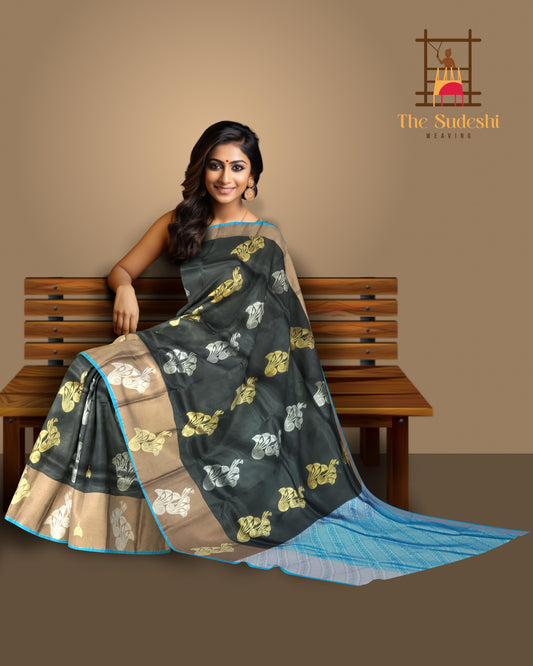 Black & Blue Gold and Silver Zari Butta Kanchipuram Silk Saree