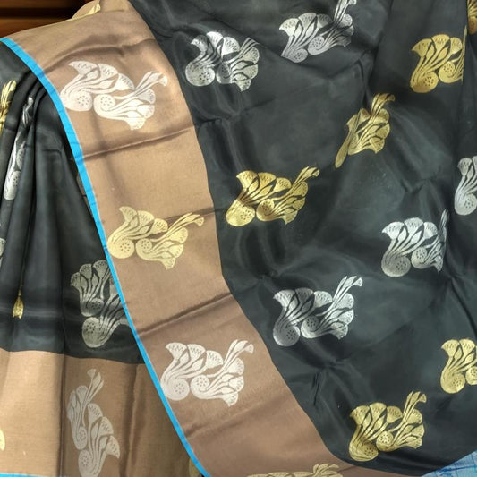 Black & Blue Gold and Silver Zari Butta Kanchipuram Silk Saree