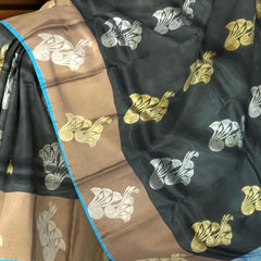 Black & Blue Gold and Silver Zari Butta Kanchipuram Silk Saree