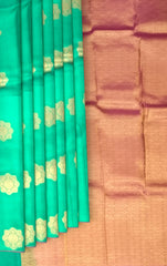 Rama Green Borderless Tomato Pink Pallu Square Butta Kanchipuram Silk Saree