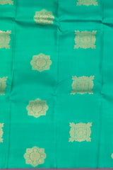 Rama Green Borderless Tomato Pink Pallu Square Butta Kanchipuram Silk Saree
