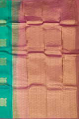 Rama Green Borderless Tomato Pink Pallu Square Butta Kanchipuram Silk Saree