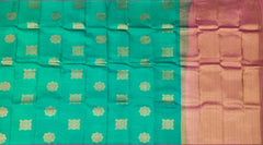 Rama Green Borderless Tomato Pink Pallu Square Butta Kanchipuram Silk Saree