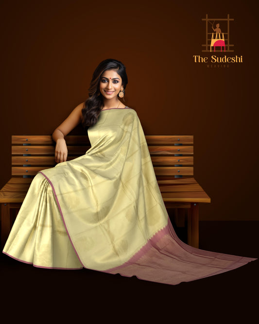 Half White & Red Large Chakra Butta Kanchipuram Silk Saree