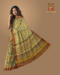 Green Brown Yellow Tissue Navratna Saree