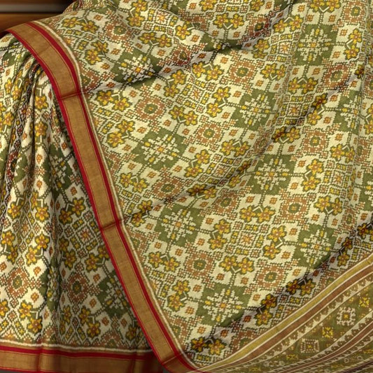 Green Brown Yellow Tissue Navratna Saree