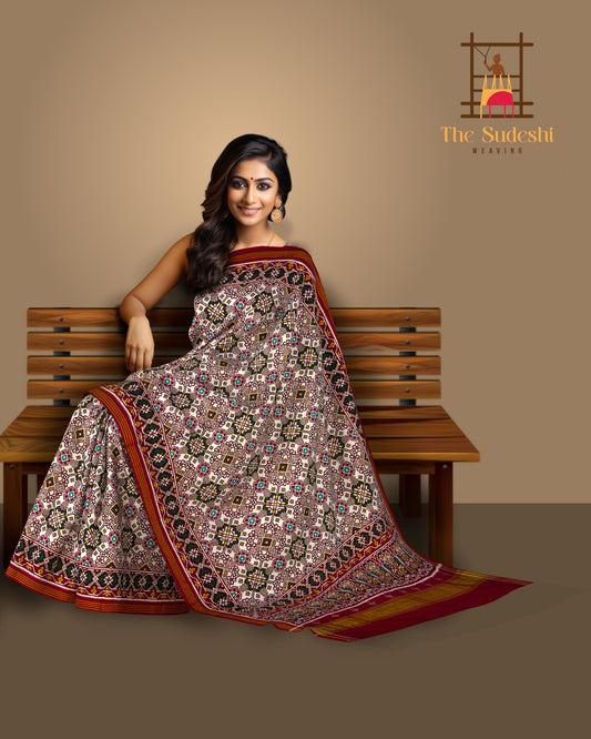 White Mixed Colors Double Ikat Navratna Saree