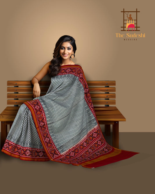 Grey White Laheriya Semi Patan Saree