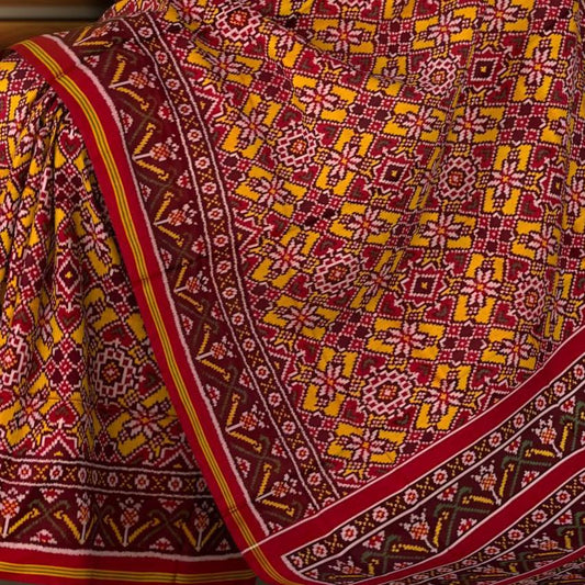 Red Yellow Mustard Manekchowk Semi Patan Saree