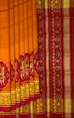 Red Maroon Mustard Skirt Border Patola Saree
