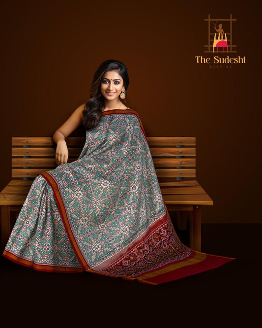 Maroon Sky Blue Manekchowk Patola Saree