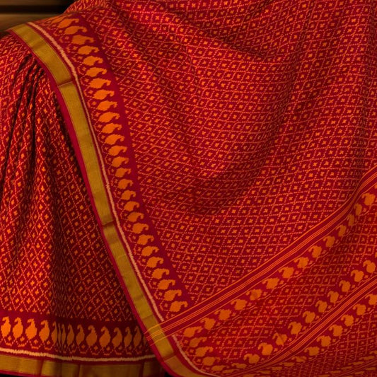 Red Single Ikat Rajkot Patola Saree with Daliyabhat and Mango Dandi Design