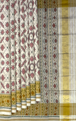 Off White Single Ikat Rajkot Patola Saree with Spaced Manekchowk Design