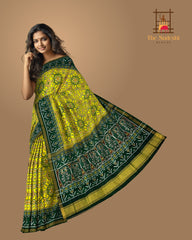 Green Yellow Single Ikat Semi Patan Patola Saree