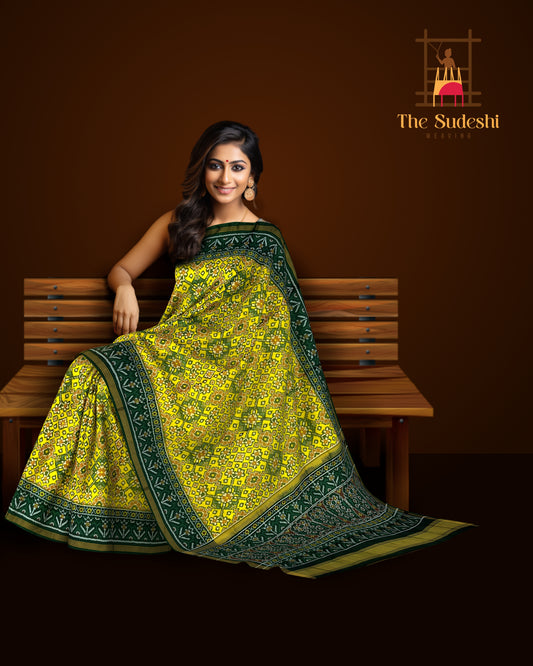 Green Yellow Single Ikat Semi Patan Patola Saree