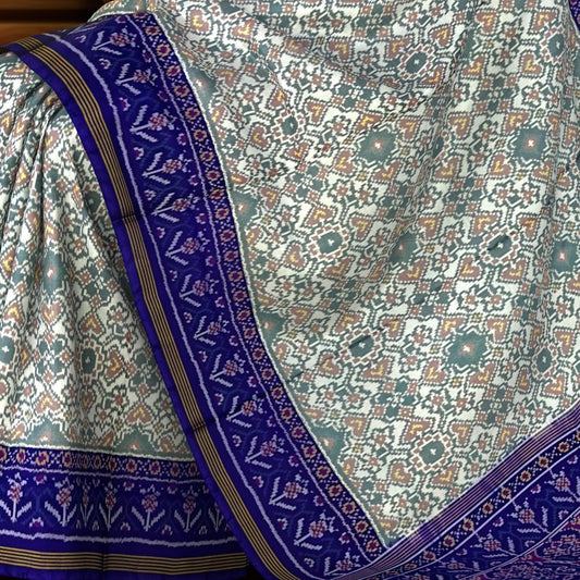Royal Blue Off White Single Ikat Semi Patan Patola Saree