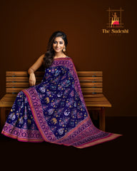 Rani Pink Navy Blue Single Ikat Semi Patan Patola Saree