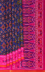 Navy Blue Navratna Border Pallu Pink Ghughro Single Ikat Semi Patan Patola Saree