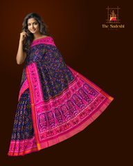 Navy Blue Navratna Border Pallu Pink Ghughro Single Ikat Semi Patan Patola Saree