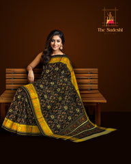 Black Navratna Hathi Border Pallu Chelari Single Ikat Rajkot Patola Saree