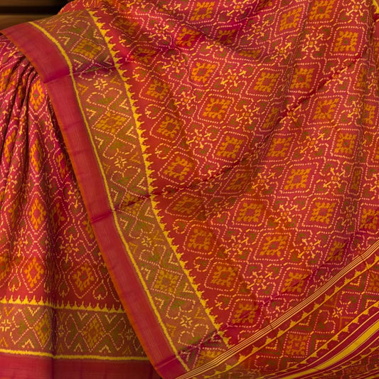 Mustard Pink Pan Chanda Border Pallu Chelari Single Ikat Rajkot Patola Saree