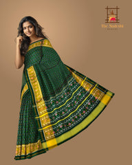 Dark Green Daliyabhat Border Pallu Ghughro (White Design) Single Ikat Rajkot Patola Saree