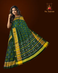 Dark Green Pan Chanda Border Pallu Ghughro (White Design) Single Ikat Rajkot Patola Saree