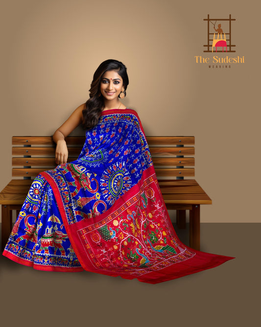 Royal Blue and Red Contemporary Pochampalli Saree