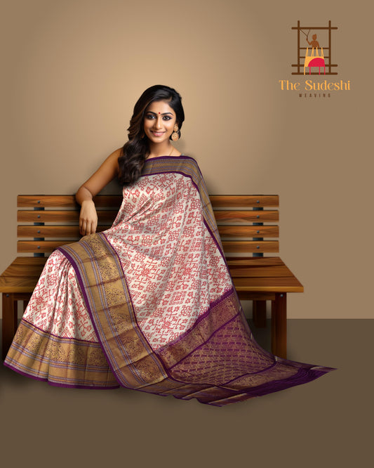 White and Deep Purple Kanchi Border Pochampalli Saree