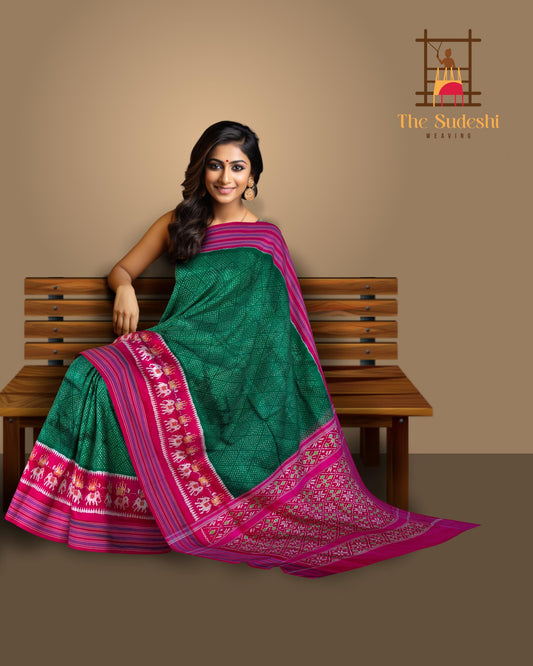 Dark Green and Pink Pochampalli Saree