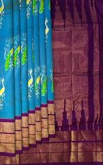 Sky Blue and Purple Peacock Design Single Ikat Handloom Pochampally Saree