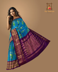Sky Blue and Purple Peacock Design Single Ikat Handloom Pochampally Saree