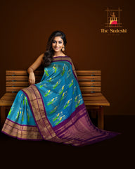 Sky Blue and Purple Peacock Design Single Ikat Handloom Pochampally Saree