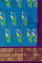 Sky Blue and Purple Peacock Design Single Ikat Handloom Pochampally Saree