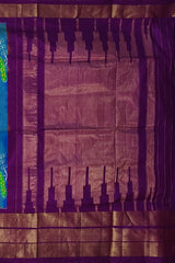 Sky Blue and Purple Peacock Design Single Ikat Handloom Pochampally Saree