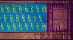 Sky Blue and Purple Peacock Design Single Ikat Handloom Pochampally Saree