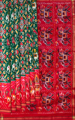 Dark Green and Red Patola Design Single Ikat Handloom Pochampally Saree