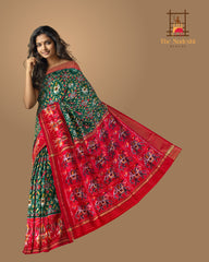 Dark Green and Red Patola Design Single Ikat Handloom Pochampally Saree