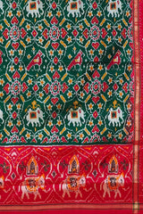 Dark Green and Red Patola Design Single Ikat Handloom Pochampally Saree