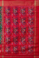 Dark Green and Red Patola Design Single Ikat Handloom Pochampally Saree