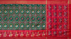 Dark Green and Red Patola Design Single Ikat Handloom Pochampally Saree