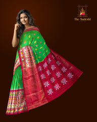 Parrot Green and Pink Tissue Single Ikat Handloom Pochampally Saree