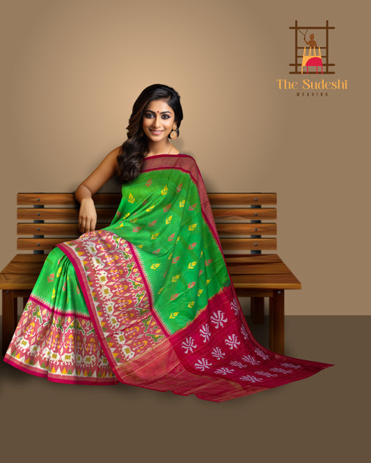 Parrot Green and Pink Tissue Single Ikat Handloom Pochampally Saree