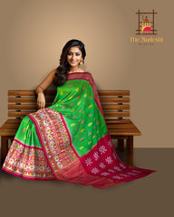 Parrot Green and Pink Tissue Single Ikat Handloom Pochampally Saree